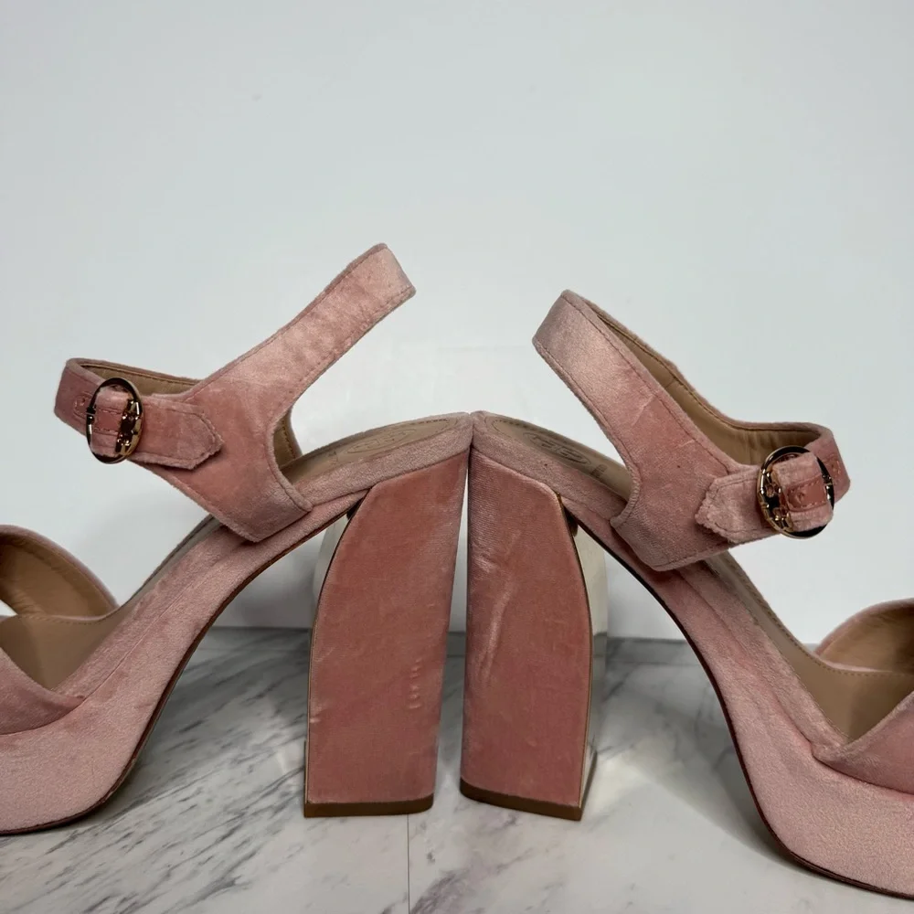 Tory Burch Loretta Pink Velvet Platform Heeled Sandal 10 1/2 M